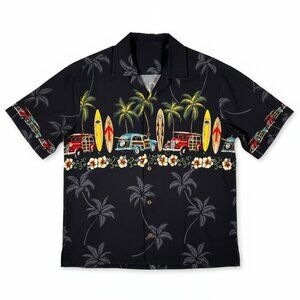 Hilo Hattie Vintage Hawaiian Shirt Navy Palm Woody Floral Short Sleeve XL